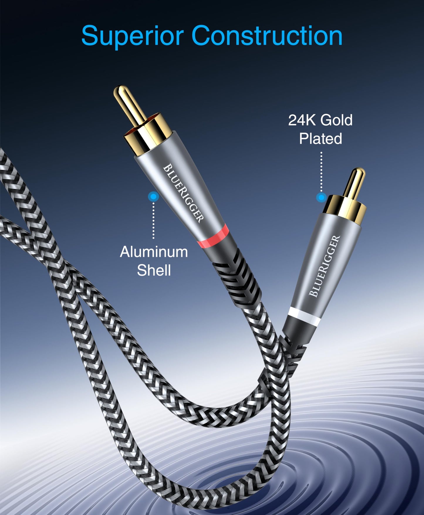 BlueRigger RCA Cable, 6FT (2RCA Male to 2RCA Stereo Audio Cable, Braided, Gold Plated, Subwoofer)- Compatible with Home Theater, Amplifier, Hi-Fi