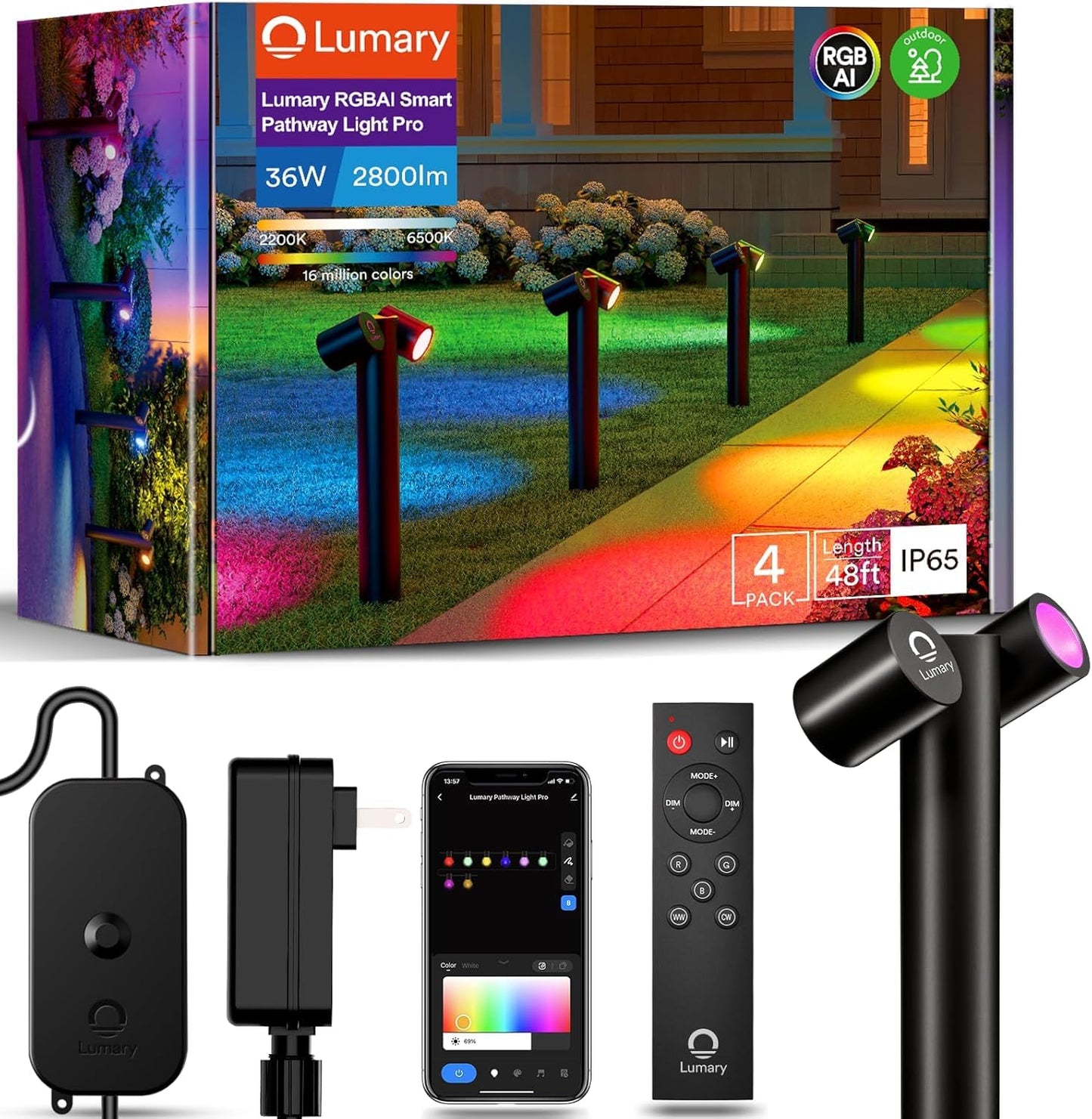 Lumary Smart Pathway Lights Pro 700LM, RGBAICW Color Changing Landscape Lights with 8 Adjustable 355° Spot Lights IP65 Waterproof, 48FT Wired Outdoor