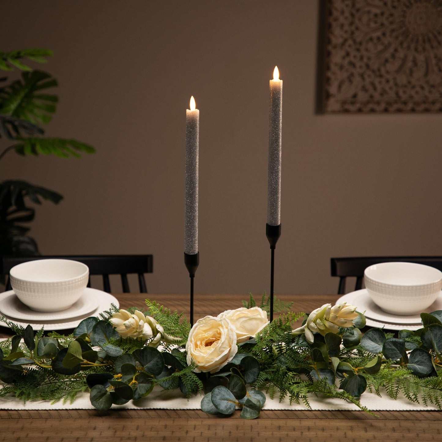 Northlight LED Flameless Flickering Taper Glittered Christmas Candles - 11" - Silver - Set 2