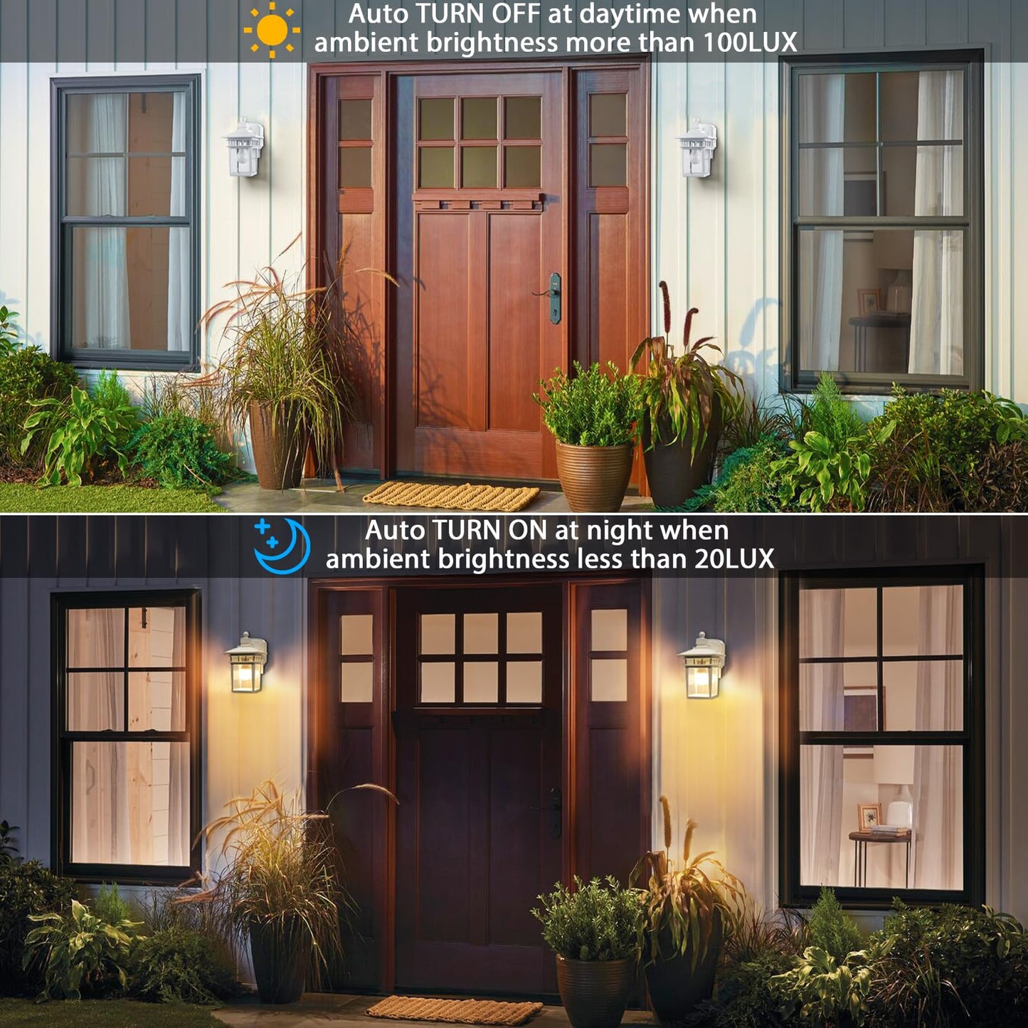 White Outdoor Porch Lights with GFCI Outlet,Dusk to Dawn Outdoor Lighting Work with Security Camera,Aluminum Exterior Outdoor Wall Lights