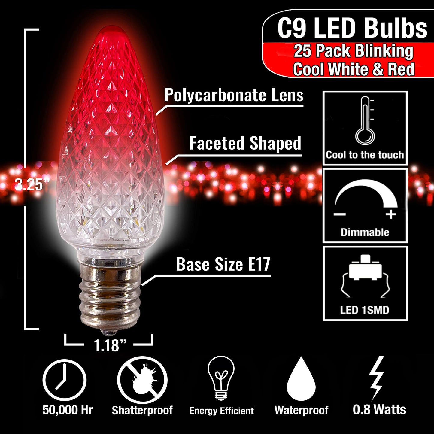 C9 Christmas Lights LED Bulb (Pack of 25) Color Changing Blinking Red & Cool White Replacement Christmas Light Bulbs Retrofit Faceted Candle Shape