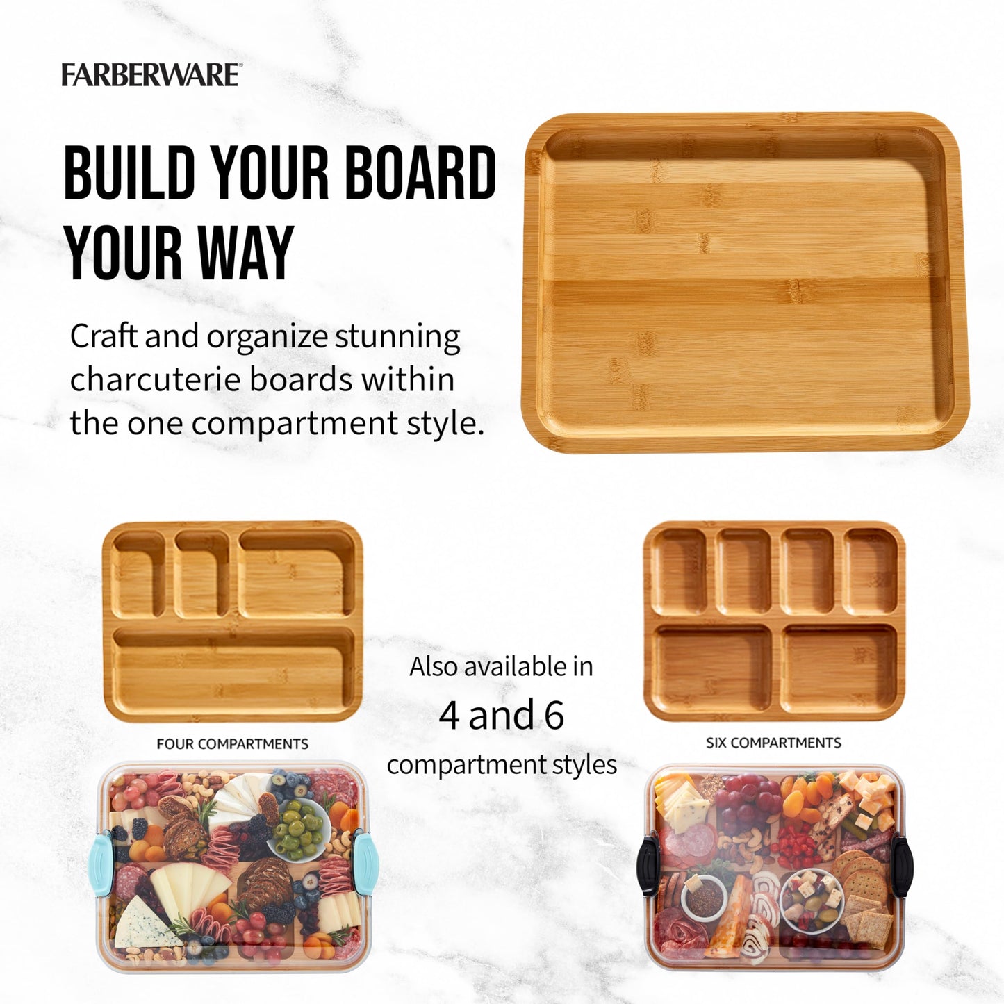 FARBERWARE Build-A-Board Bamboo Cutting Board with Built-in Compartments, Clear Locking Lid & Navy Handles, Ideal for Charcuterie, Snacks & Prep