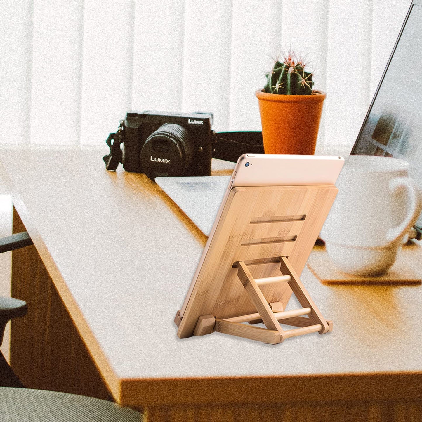 Collect Beauty Bamboo Tablet Stand Holder Adjustable Folding Wood iPad Stand with Chargeable Hole for Desk iPad Cooking Stand