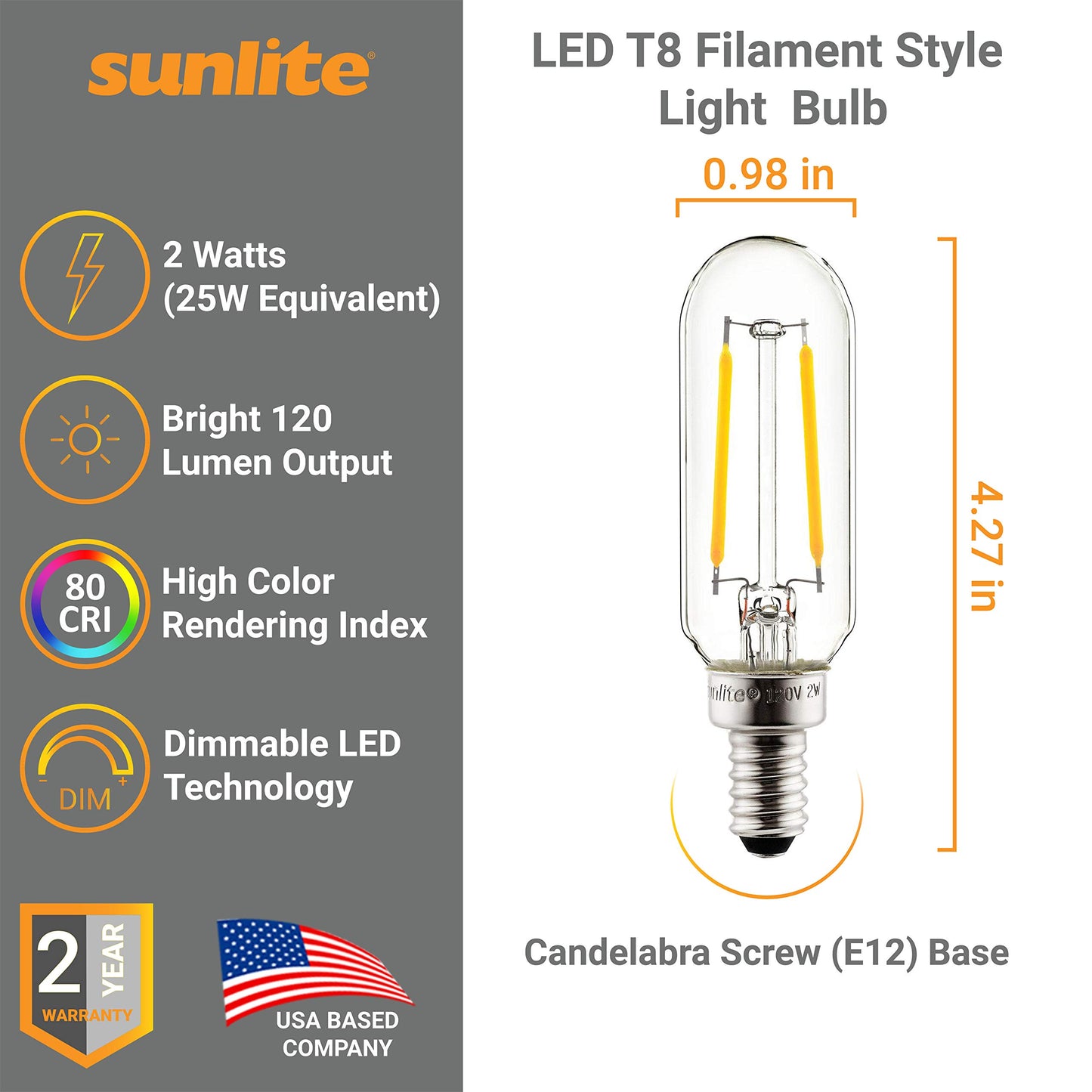 Sunlite 40237 LED Filament T8 Tubular Light Bulb, 2 Watts (25W Equivalent), Candelabra E12 Base, Dimmable, 85 mm, UL Listed, 120 Lumens, 2200K Amber