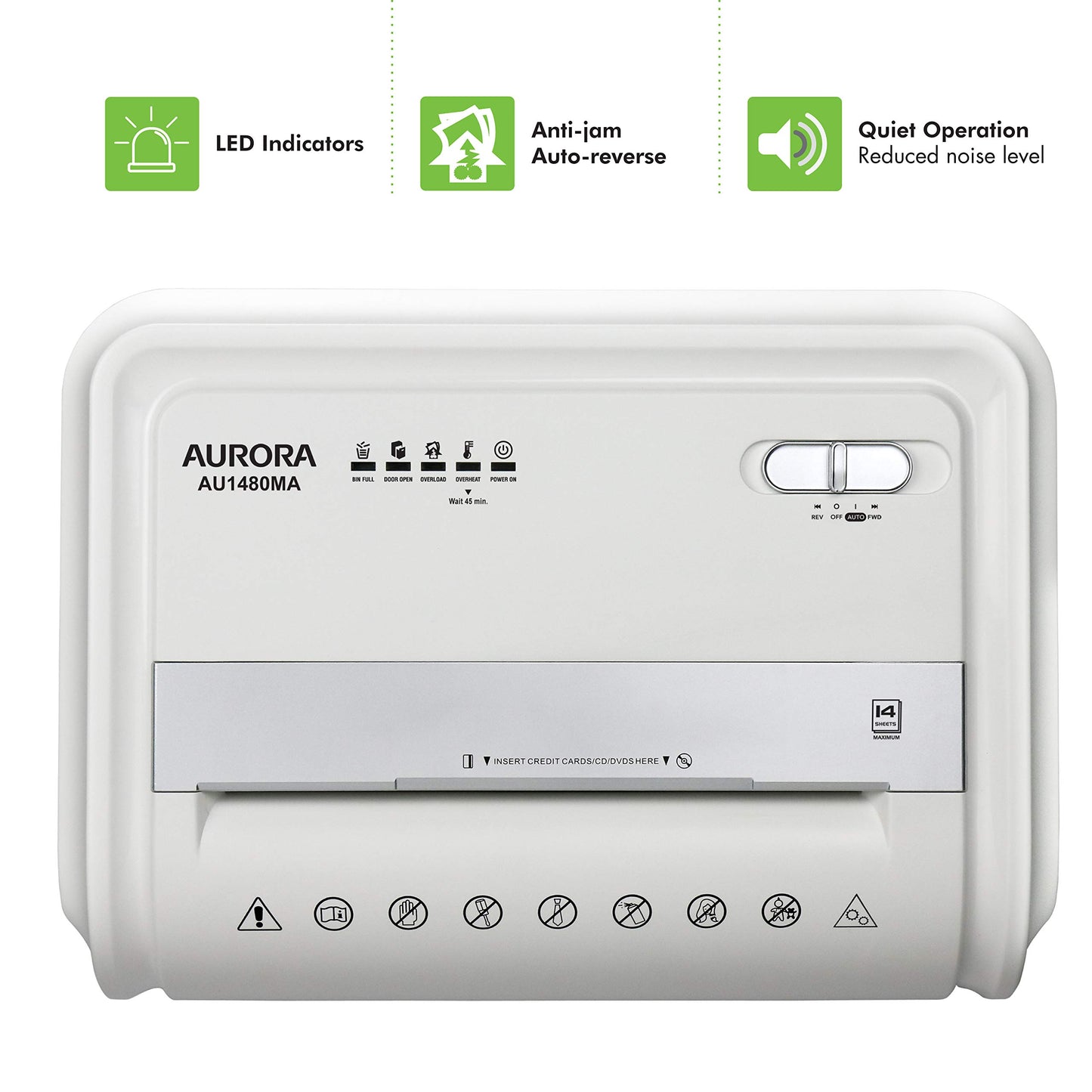 Aurora AU1480MA Professional Grade 14-Sheet Micro-Cut Paper and CD/Credit Card Shredder/ 30 Minutes Continuous Run Time, White/Gray