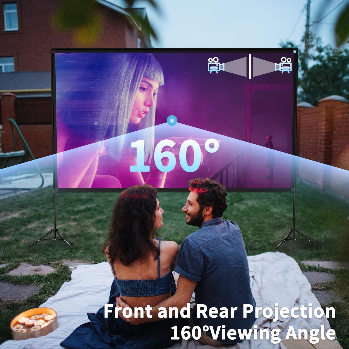 VISULAPEX Projector Screen with Stand 100 Inch, 16:9 4K HD Portable Projector Screen Indoor Outdoor, Foldable Wrinkle-Free Movie Screen 160° Front