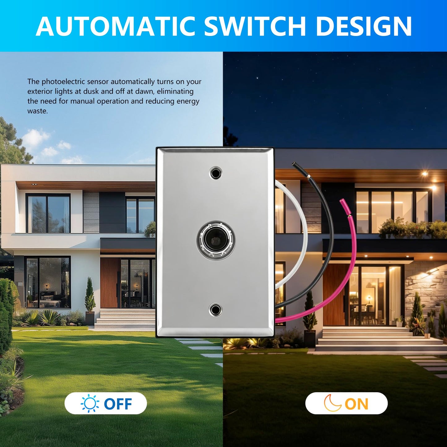 Dusk to Dawn Sensor Photocell Switch for Outdoor Lights, Auto On/Off,120-277V, Weatherproof, Includes Wall Plate & Screws