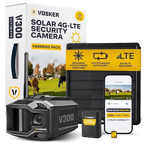 Vosker V300 Ultimate Farmers Pack Outdoor Security Camera with External Solar Panel for Farms Pastures and Greenhouses 4G LTE Black Single Unit