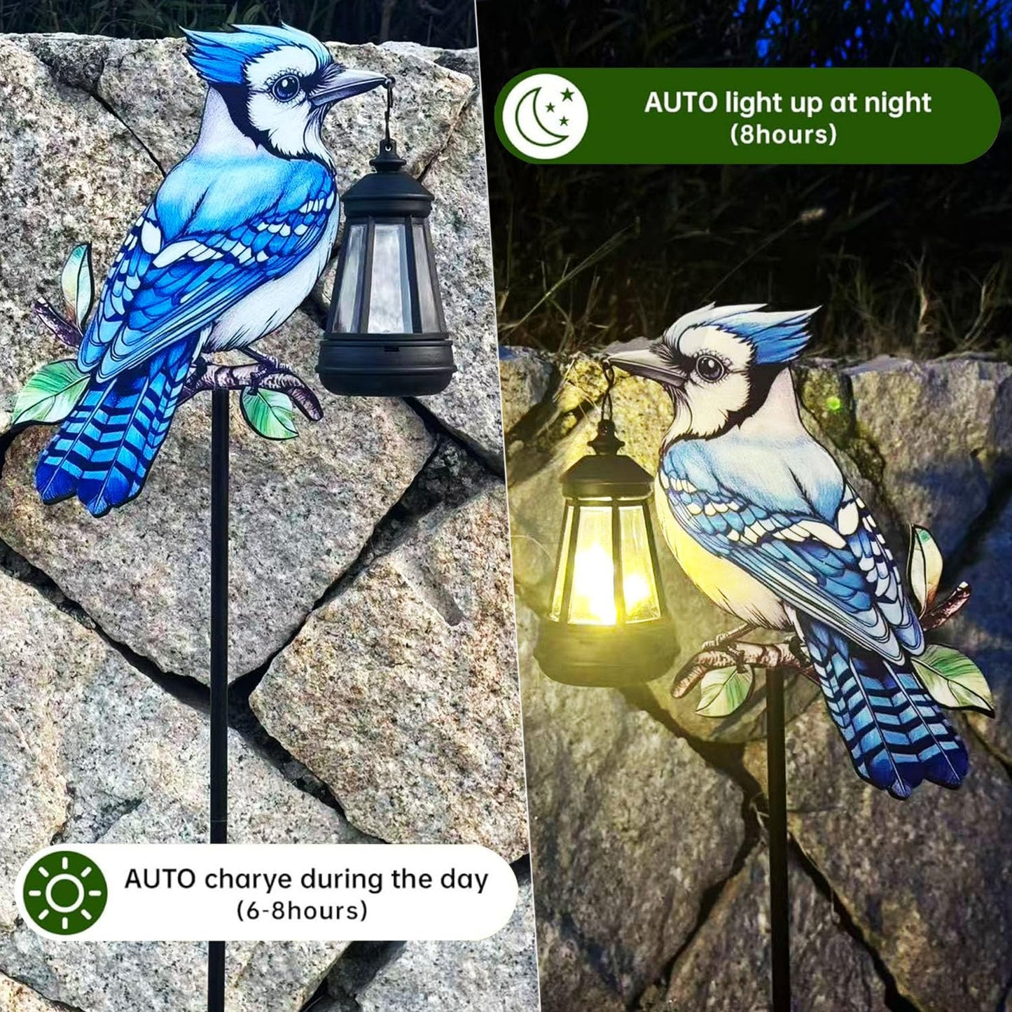 2 Pack Solar Lanterns Outdoor Decor Solar Bule Jay Lanterns Solar Cardinal Redbird Lights Metal Stake Yard Garden Decor Art Figurine Waterproof LED