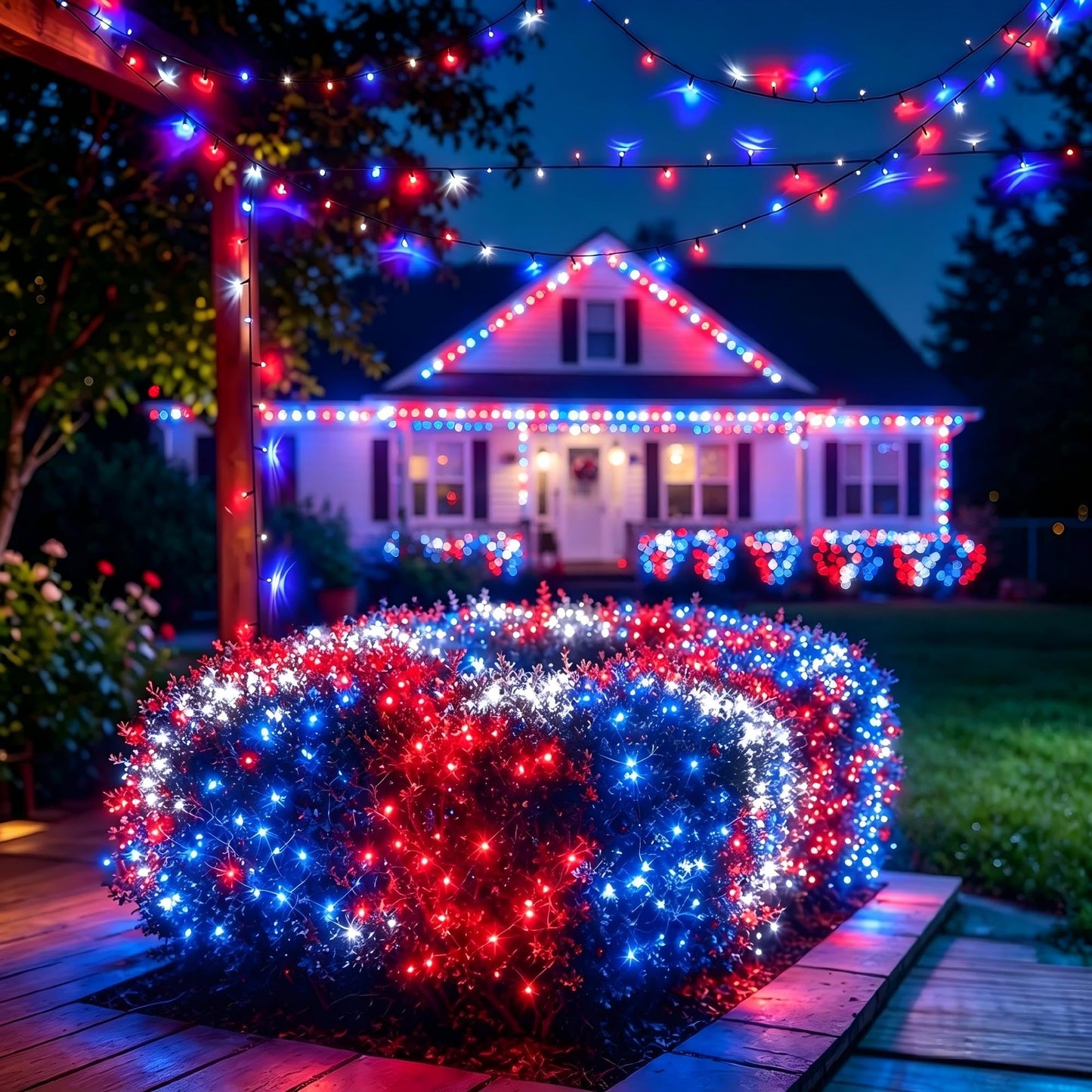 Joomer Red Blue White String Lights Outdoor, 66FT 200LED RGB Lights with Remote Timer Memory, Waterproof Indoor Outdoor 4th of July Independence Day