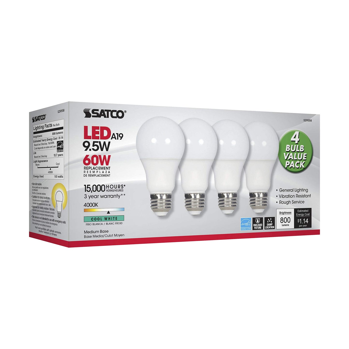 Satco S29558, A19 LED Light Bulbs, 60W Replacement, 4000K, 4-Pack, LED Lamp