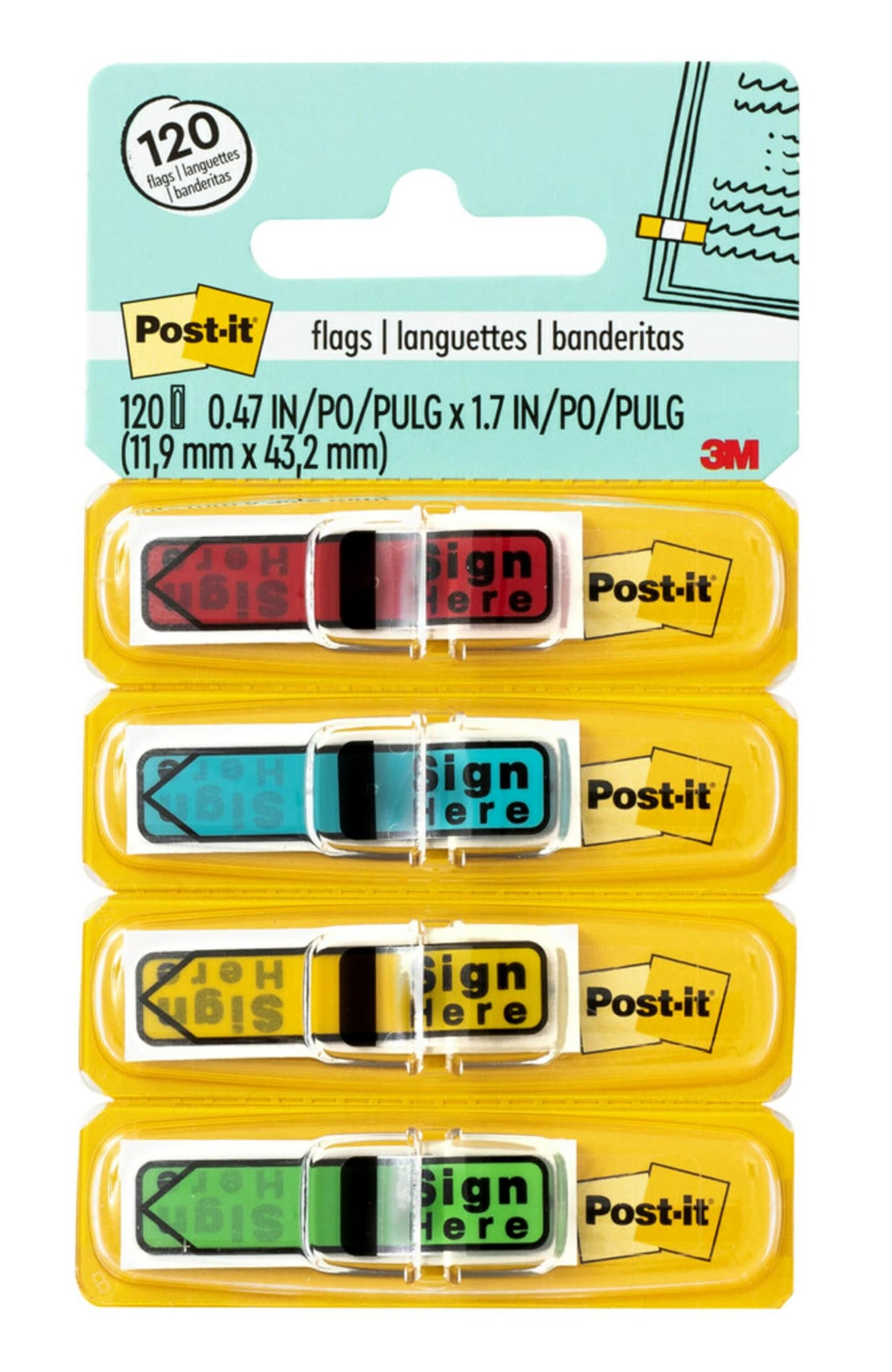 Post-it Message Flags, Sign Here, .47 x 1.7 in, Assorted Colors, 4 Pack