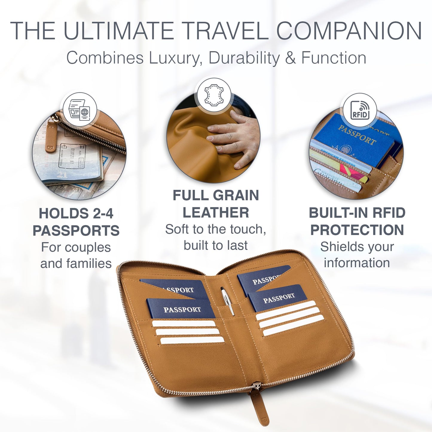 Full Grain Leather Family Passport Holder – RFID Travel Wallet & Document Organizer for 2-4 Passports, Couples & Families, Camel
