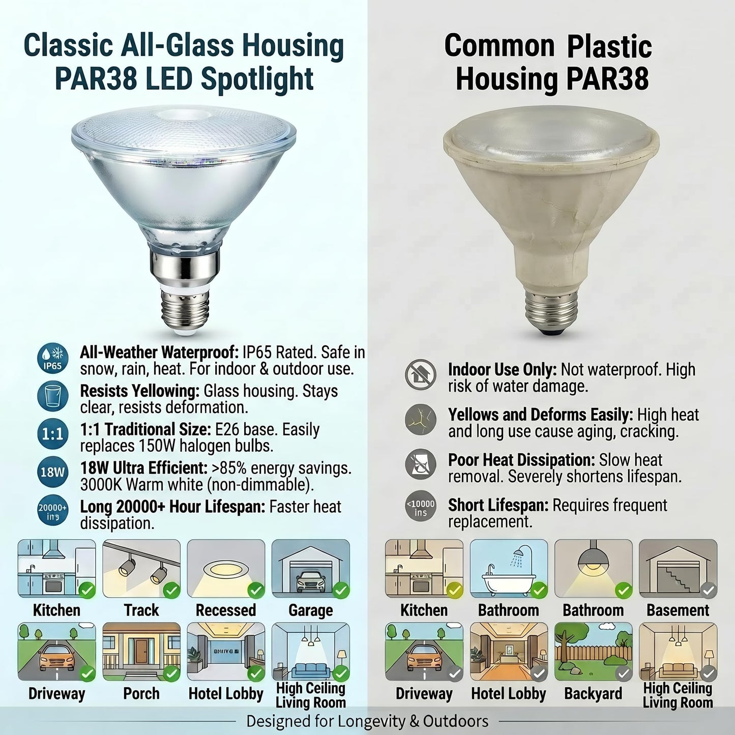 Glass Reflector PAR38 LED Bulbs,Warm White Light,18W,Indoor/Outdoor Flood Light,Waterproof,4-Pack,150W Halogen Equivalent,LED PAR38 Soft White