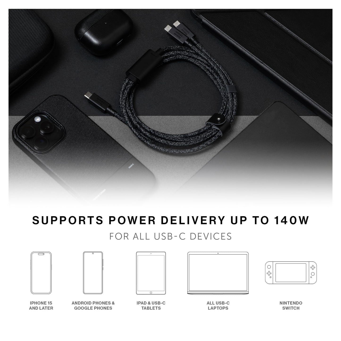 Native Union Belt Cable 2-in-1 - 6.5ft Multi-Device High Speed Charging Cable with Leather Strap for All Type-C Devices - 140W USB-C to Two USB-C