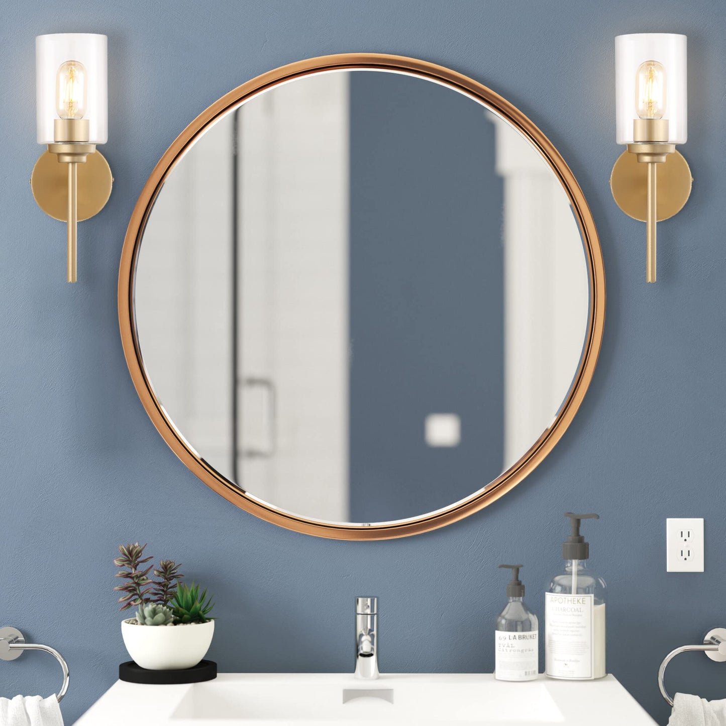 JONATHAN Y 13" Brass Gold/Clear Industrial Farmhouse LED Wall Sconce, with Clear Glass Cylinder Shade, 1-Light Iron Vanity Light for Bathroom Mirror