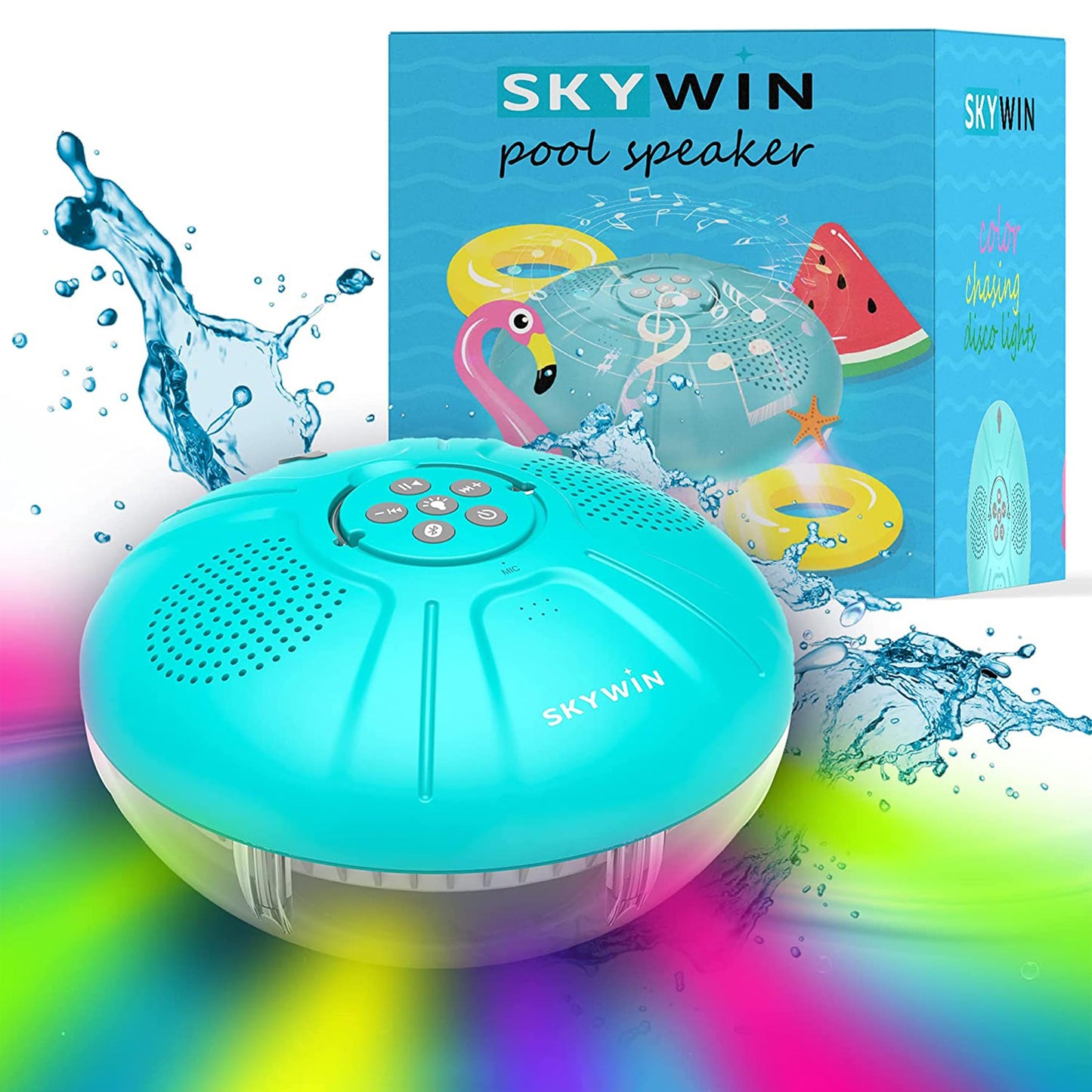Skywin Floating Pool Speaker with Lights, Wireless Waterproof Bluetooth Speaker for Pool - Dual 5W Sound, Touch Controls, Rechargeable Shower Speaker