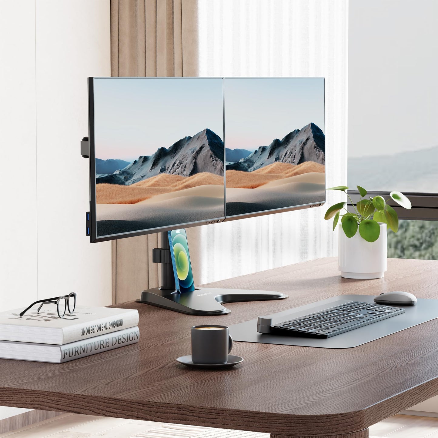 Mount-It! Dual Monitor Stand for Desk, Free Standing Monitor Mount for 2 Screens up to 32”, Height Adjustable with Tilt, Swivel & Rotation, VESA 75x75