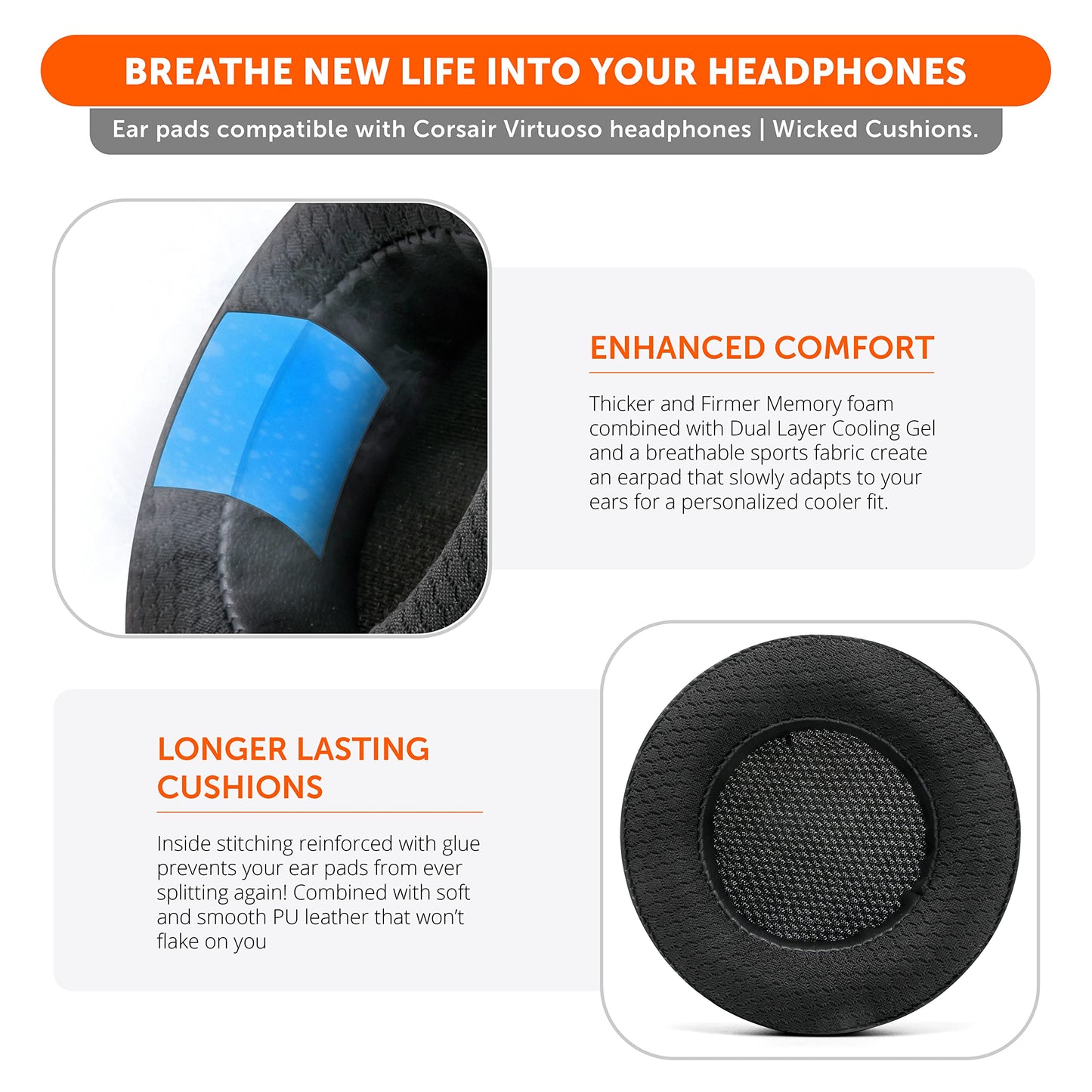 WC Freeze Virtuoso - Hybrid Fabric Cooling Gel Replacement Earpads for Corsair Virtuoso Gaming Headset, Made by Wicked Cushions, Improved Durability