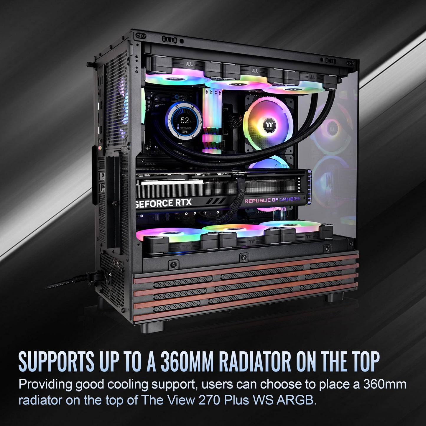 Thermaltake View 270 Plus WS ARGB; Mid Tower; 3x120mm Lite Fans Included; 360mm Radiator Support; 420mm GPU Clearance;Bottom Wood Trim;