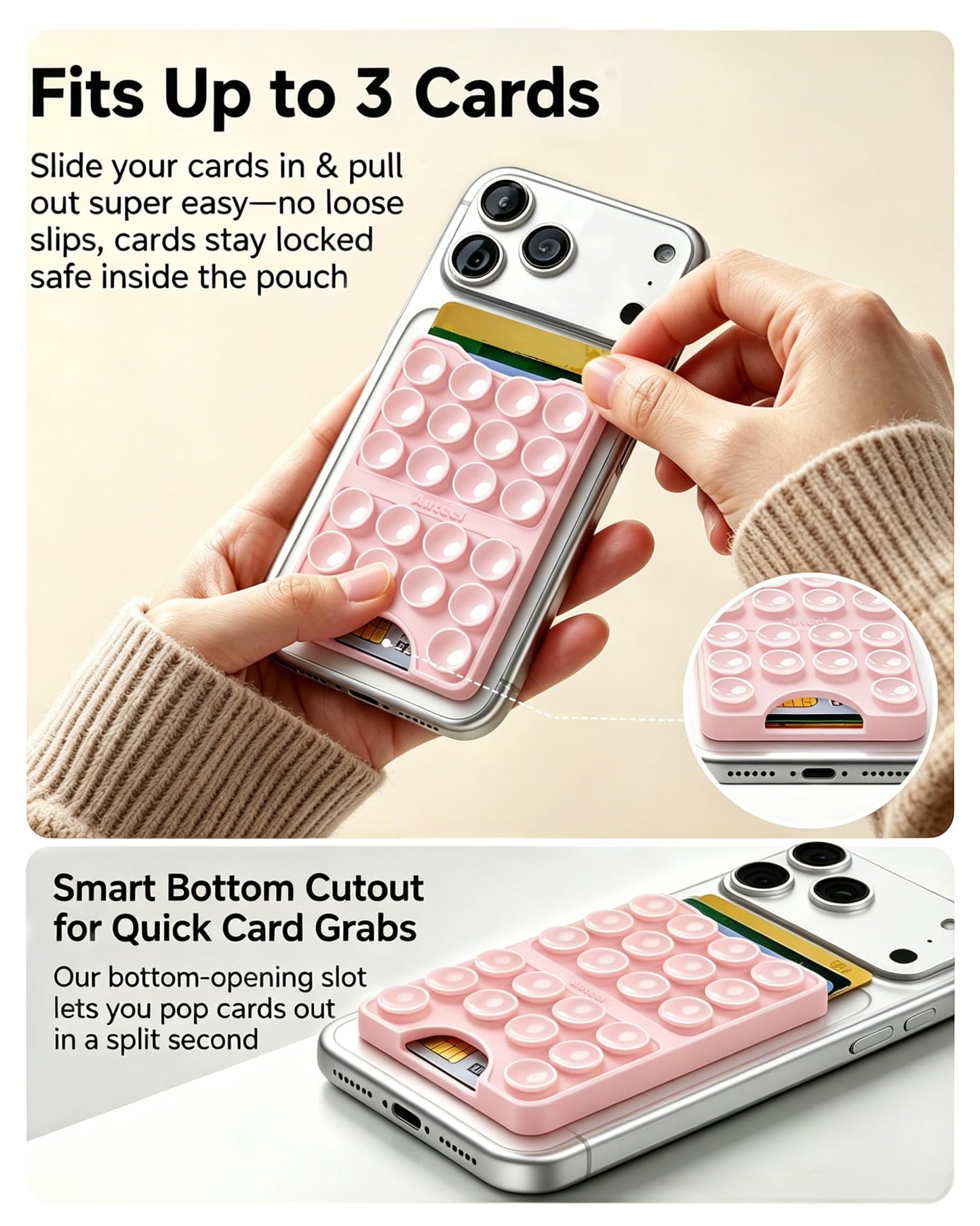 Anteel Silicone Suction Cup Card Holder Suitable for Phone Cases, Phone Wallet Stick to The Back of The Phone, Can Hold Up to 3 Cards, Suitable