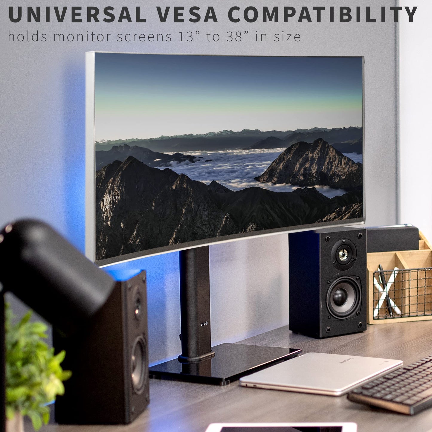 VIVO Single Rotating 13 to 38 inch Ultrawide Monitor and TV Table Top Desk Stand with Glass Base, Swivel, Height Adjustment, Screen Mount with Max
