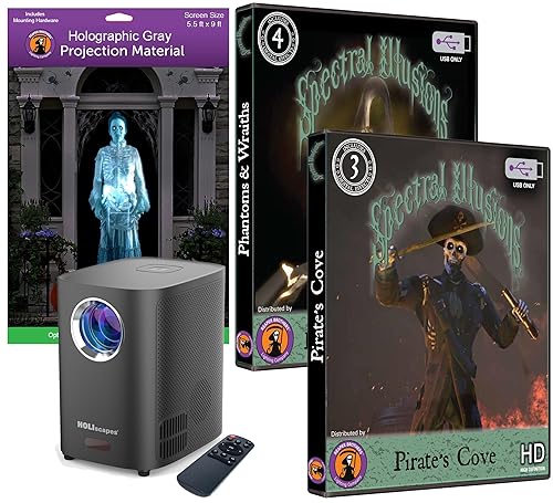 HoliScapes® USB Projector Kit - Spectral Pirates Cove plus Phantoms & Wraiths on USB + Projector + 5.5 ft x 9 ft Large Gray Holographic Screen