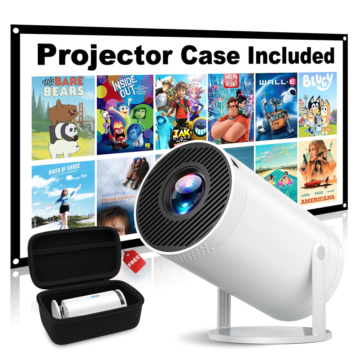 Mini Projector, Native 1080P Portable Projector with Carrying Case, 4K Support, 270°Rotatable Outdoor Movie Proyector, Home Theater Projector