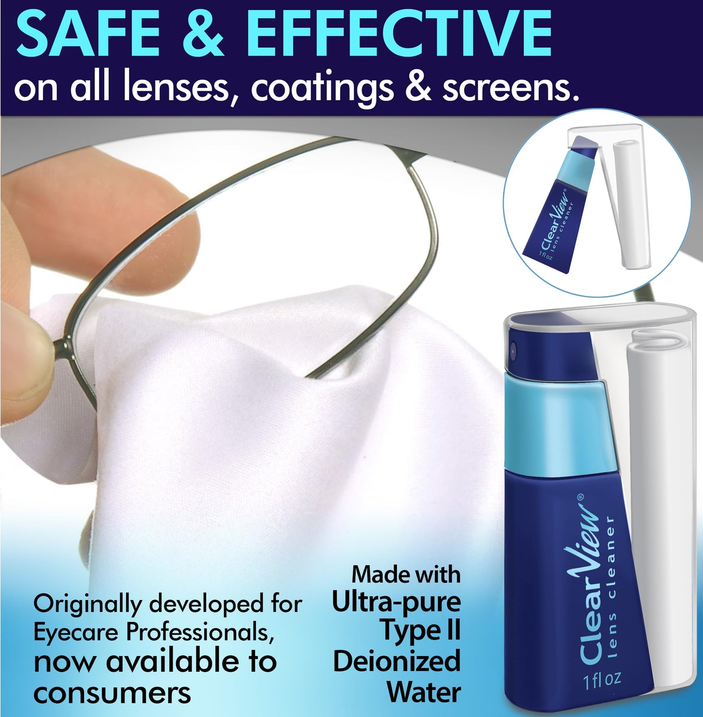 Portable Lens Cleaner Kit - Eyeglass Lens Cleaner Spray Kit with Refillable Spray + Microfiber Cloth, Compact Eye Glass Cleaners Spray, Safe for All