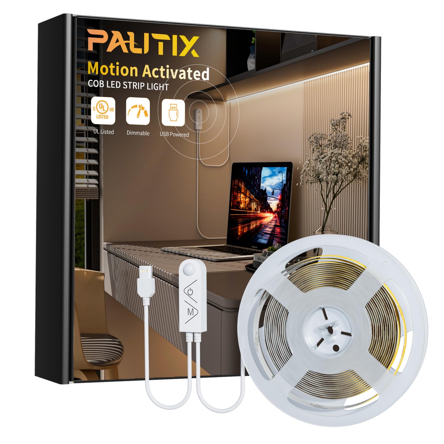 PAUTIX COB LED Strip Lights,Dotles LED Lights with Motion Sensor,5V USB LED Strip Light 4000K Natural White,Super Bright Dimmable Motion Activated LED