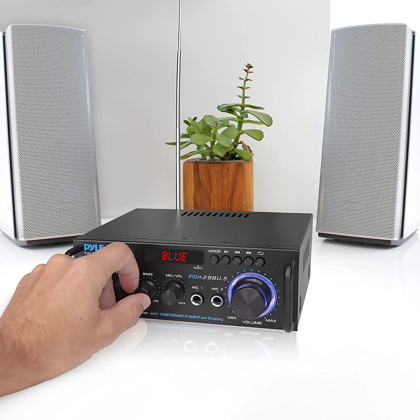 Pyle 200W Bluetooth Compact Power Amplifier - Wireless 2 Channel Audio Receiver with Dual Karaoke Mic Input - RCA - USB-A + SD Card MP3 Player - FM