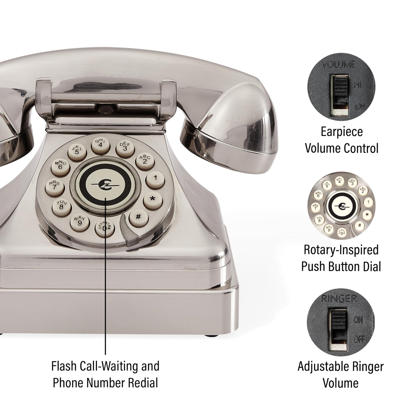 Crosley CR62-BC Kettle Classic Corded Desk Phone - Landline for Home with Retro Rotary Style, Brushed Chrome