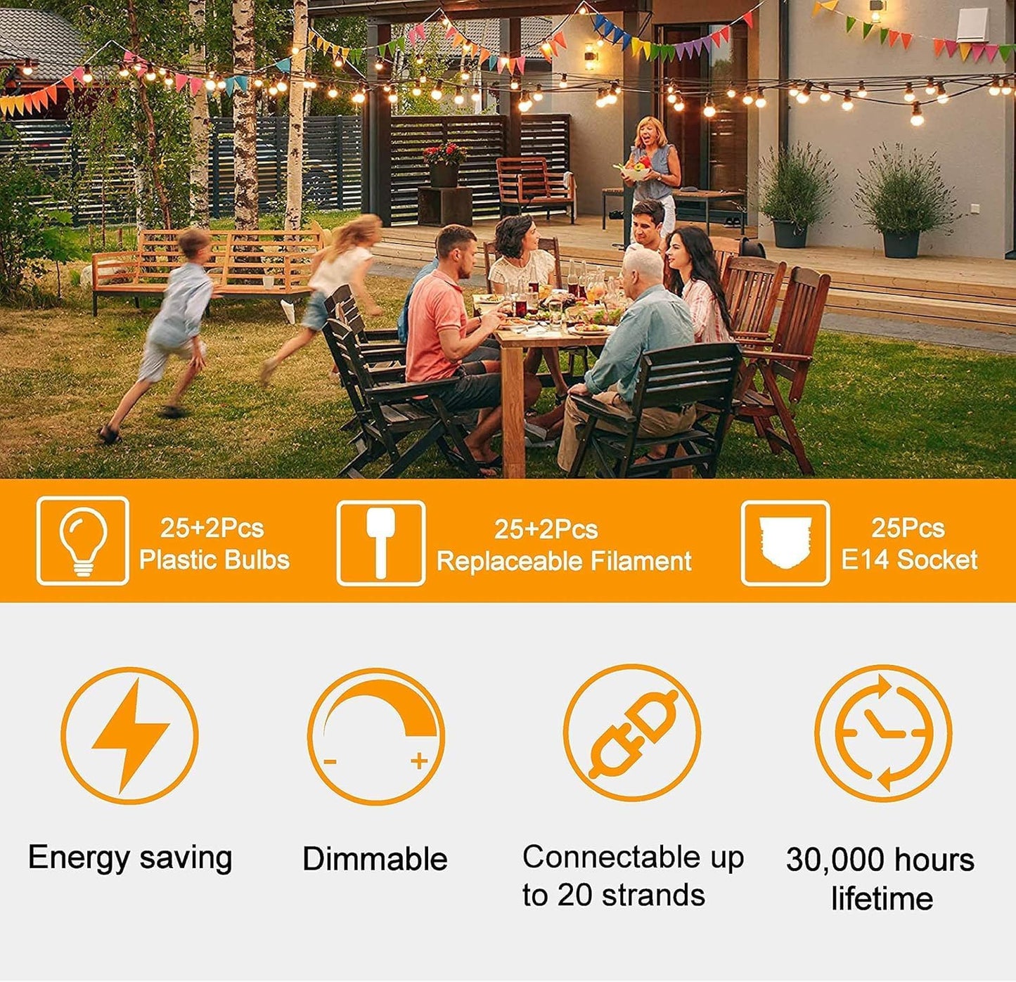 ZOTOYI Outdoor String Lights 50 FT, Waterproof IP65 Outside Light with 27 LED Plastic ST38 Edison Bulbs, Patio Hanging Lights for Backyard, Garden