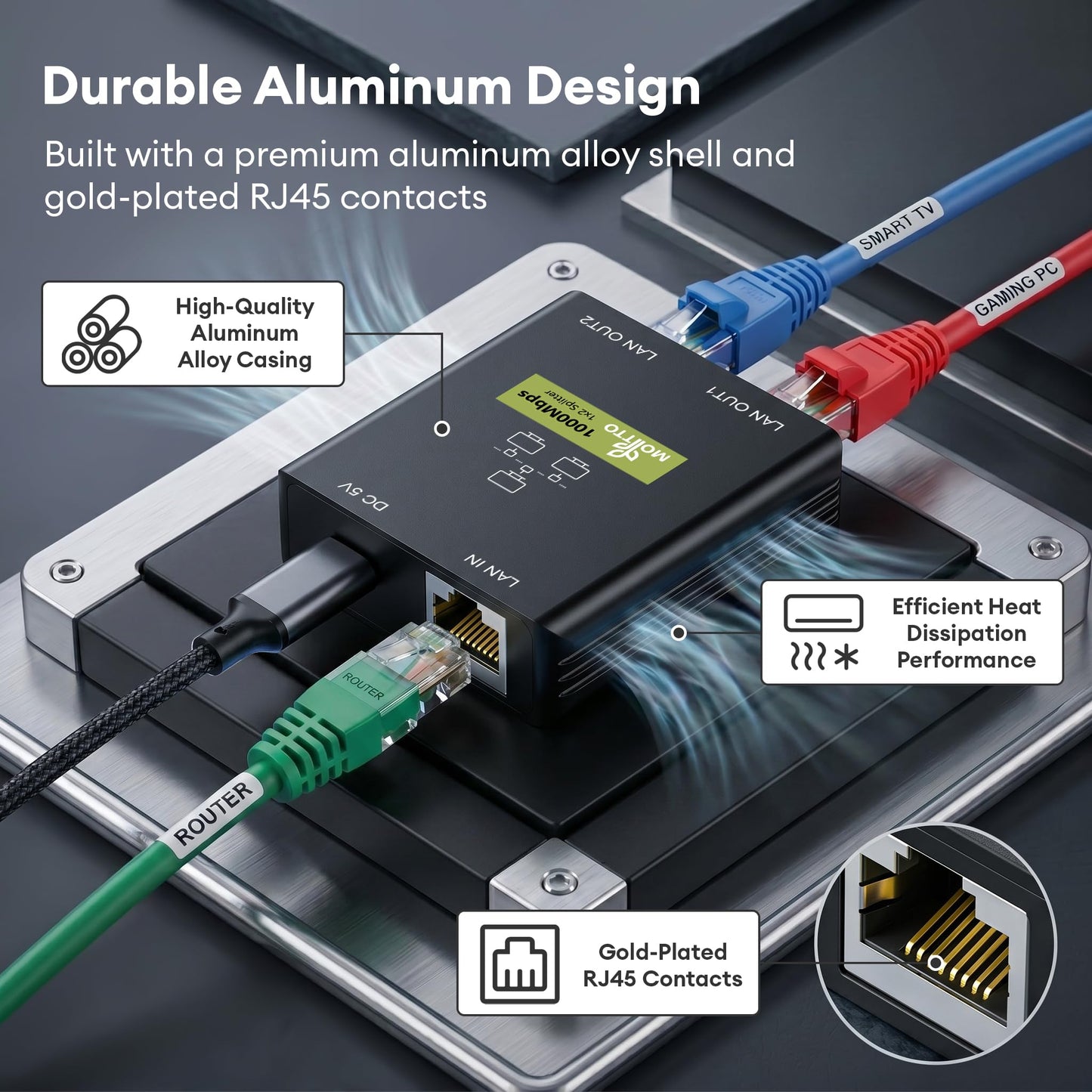Gigabit Ethernet Splitter 1 to 2, 1000Mbps 2 Port Network Switch