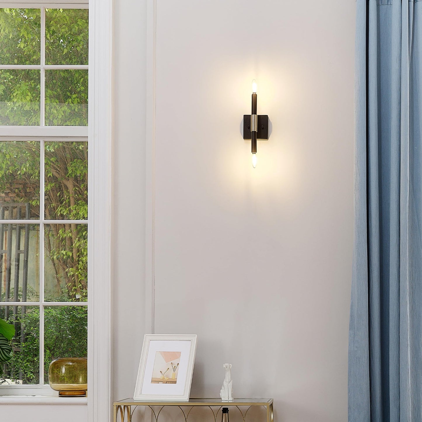 Globe Electric 65000044 2-Light Wall Sconce, Matte Black, Antique Brass Accent, E12 Base Sockets, Lights for Living Room, Home Decor, Lighting
