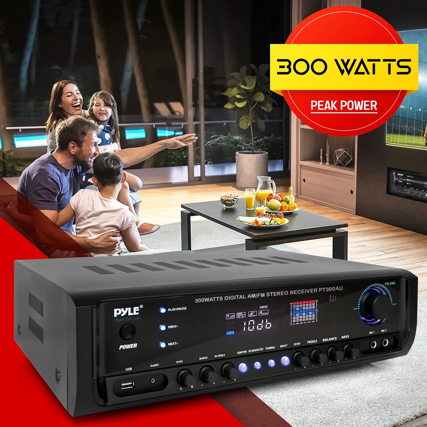 Pyle Home Audio Power Amplifier System - 300W 4 Channel Theater Power Stereo Sound Receiver Box Entertainment w/USB, RCA, AUX, Mic w/Echo, LED, Remote