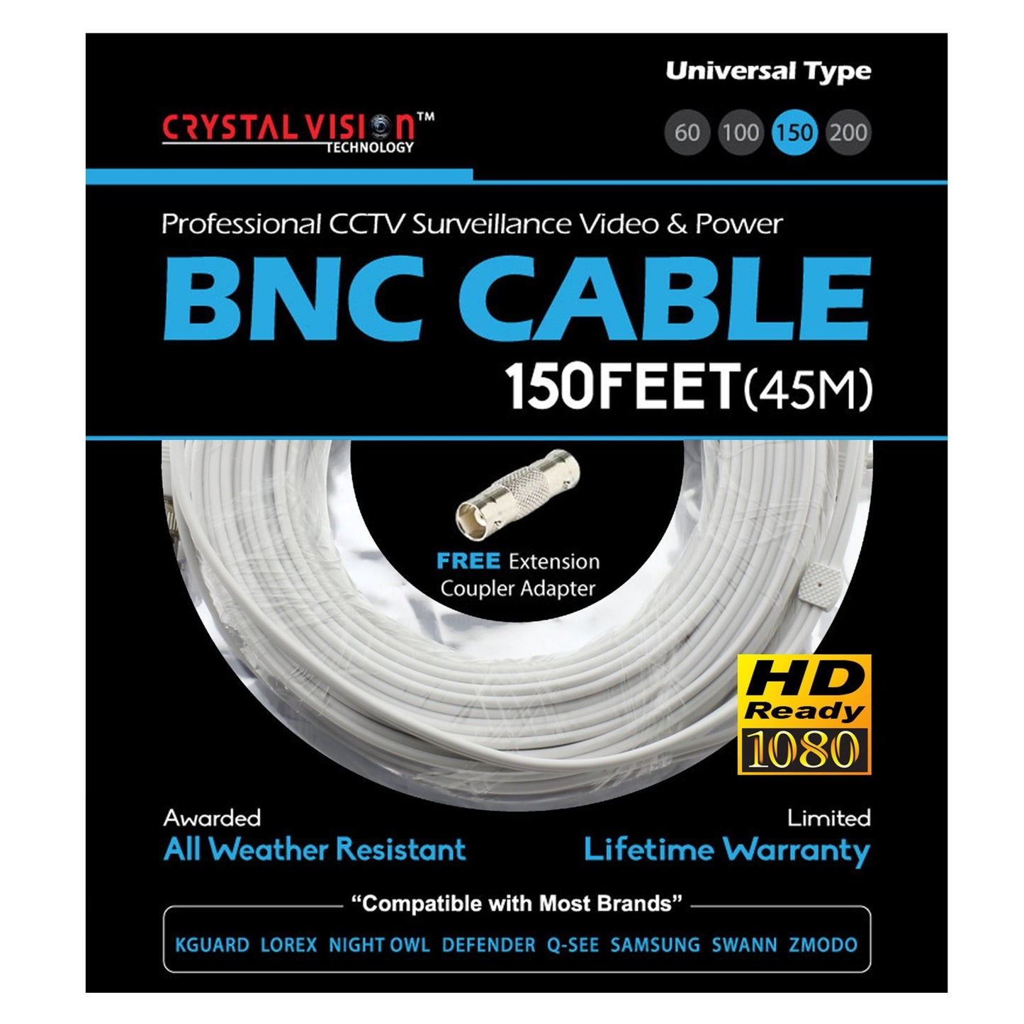 Crystal Vision Premium 1080P HD BNC CCTV Surveillance Security Camera Combo Cable Premade Siamese W/Coupler for Samsung, Lorex, Swann, Q-See