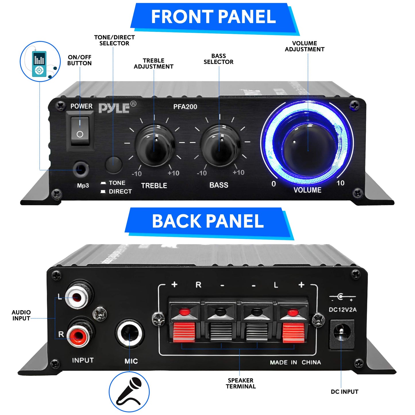 Pyle Home Mini Audio Amplifier - 60W Portable Dual Channel Surround Sound HiFi Stereo Receiver w/ 12V AC Adapter, AUX, MIC IN, Supports Smart Phone