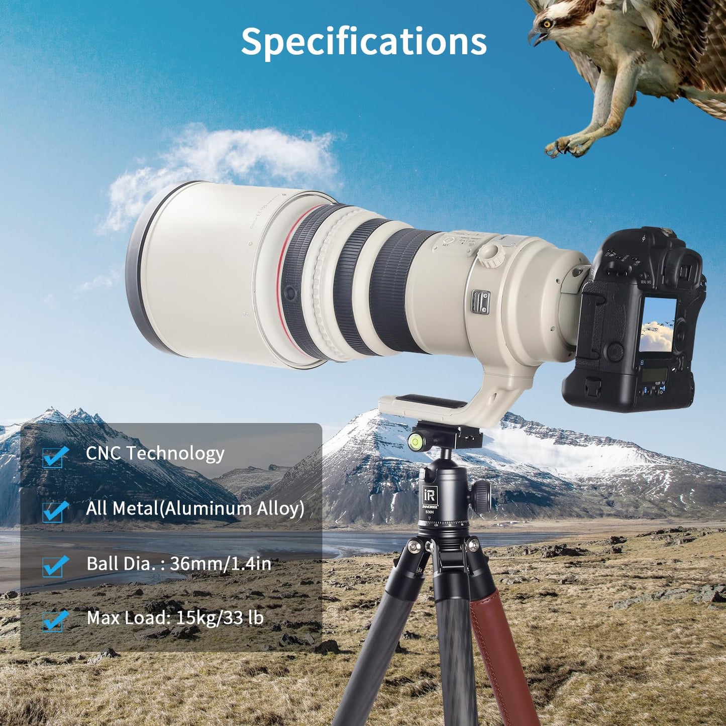 Tripod Ball Head, Camera Tirpod Ball Head Mount 36MM Diameter Ball INNOREL B36N All Metal CNC Panorama Ballhead 1/4" Screw 3/8" Hole for DSLR Camera