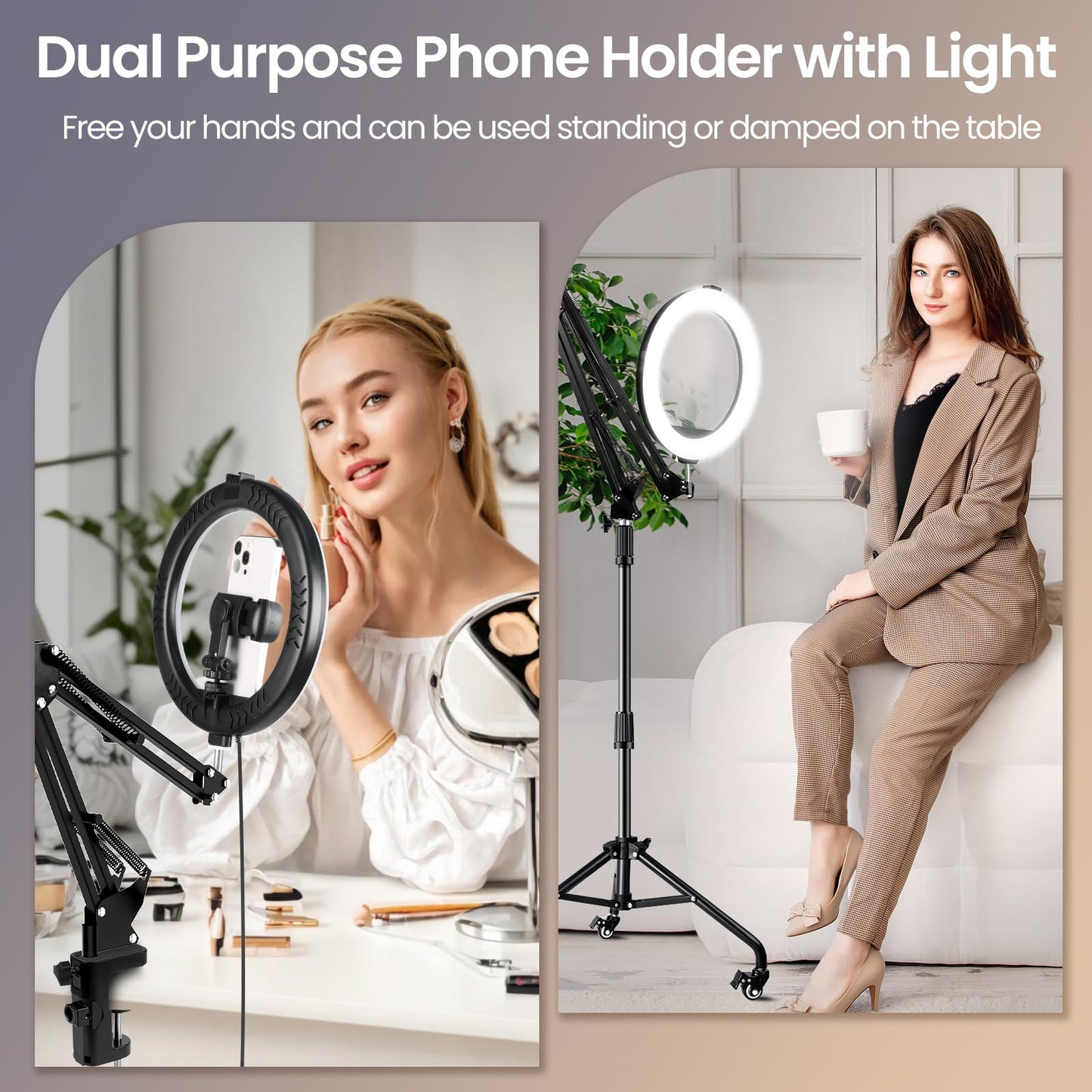 Ring Light Overhead Phone Mount with Casters, Dual-Purpose Floor/Desk Light Tripod for iPhone, Selfie Phone Tripod for Video Recording/Live