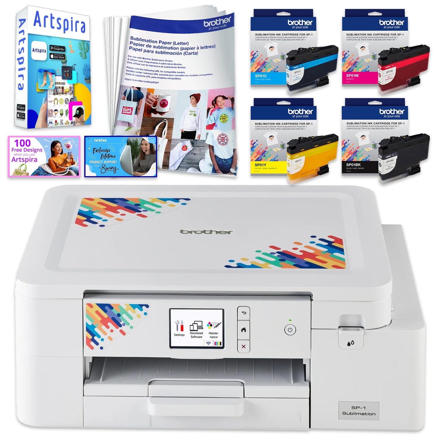 Brother SP-1 Sublimation Printer Bundle with Sublimation Oven, Full Ink Set, 160 Sublimation Transfer Sheets, Blanks, Tape and More
