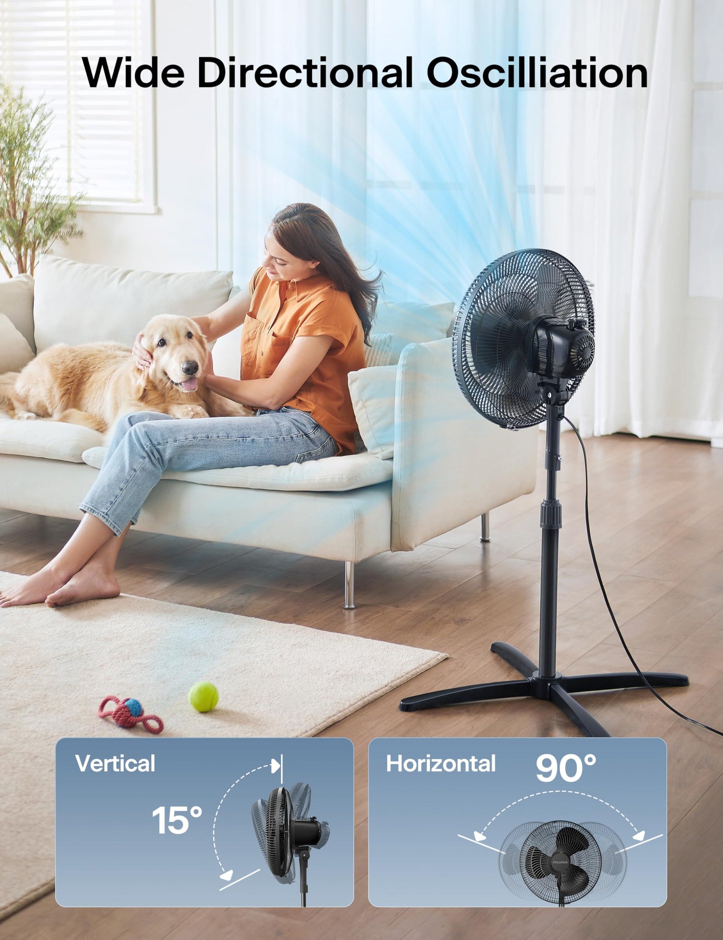 PELONIS 16" Adjustable Oscillating Pedestal Fan for Bedroom, Black