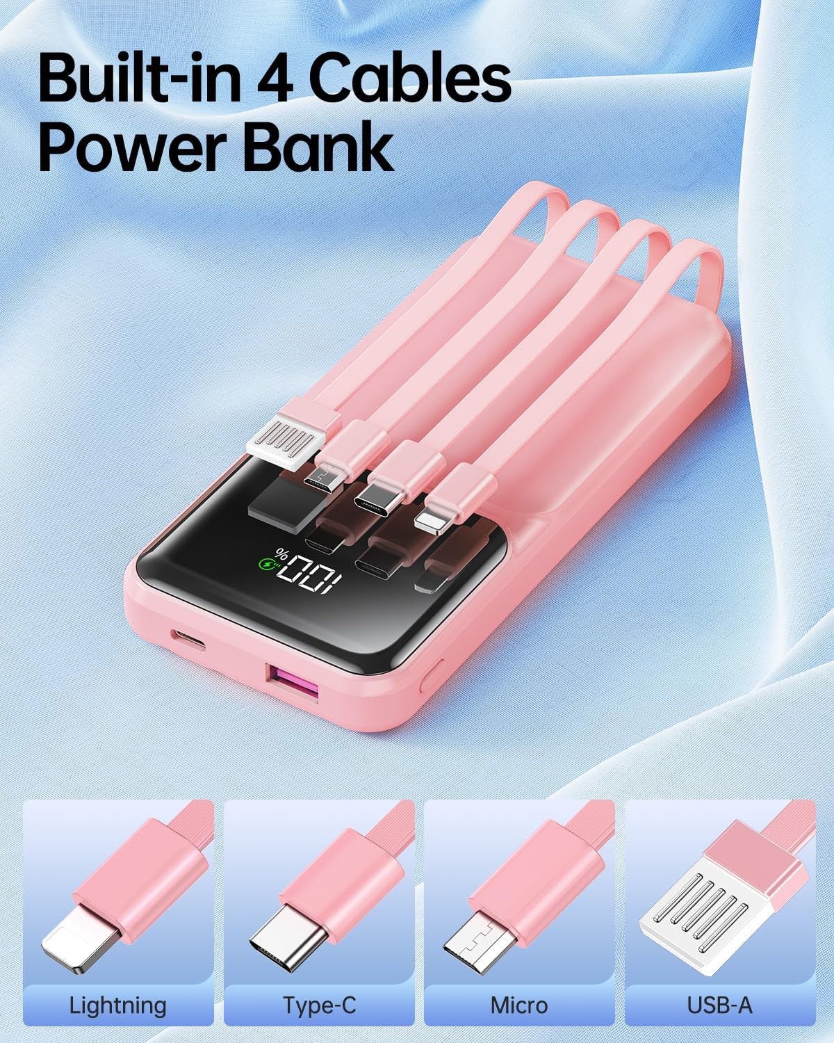 RONEGN Portable Charger with Built in Cable -20000mAh Fast Charging Power Bank USB C Slim 22.5W LED Display Battery Pack 5 Outputs & 3 Inputs