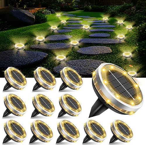 Solar Ground Lights Outdoor 12 Pack Waterproof, Upgraded Solar Garden Lights with 4 Side Light, Stainless Steel Solar Powered Disc Landscape Light