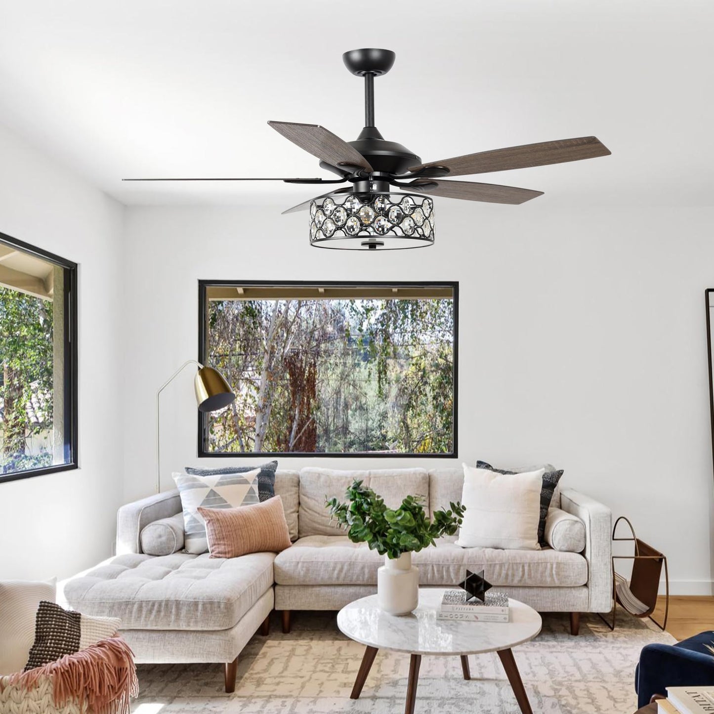 Vaczon 52 Inch Ceiling Fan with Light & Remote - Farmhouse Caged Fandelier, Crystal Ceiling Fan with 6 Speeds,Reversible Motor
