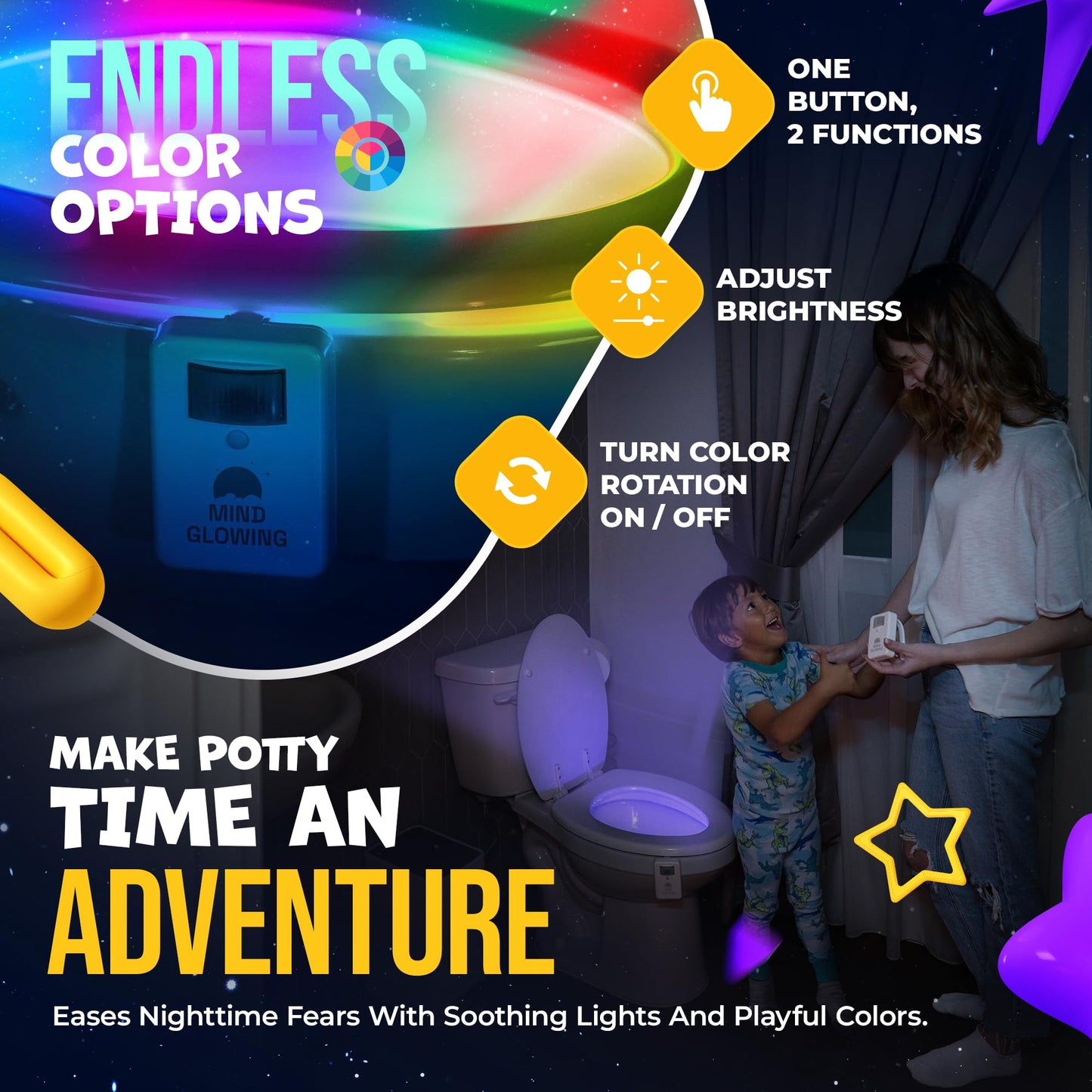 Mind-Glowing Toilet Light with Motion Sensor - Toilet Bowl Night Light with Color Changing LED, Dimmer - Funny Gag Gift for Men, Women, Dad, Mom