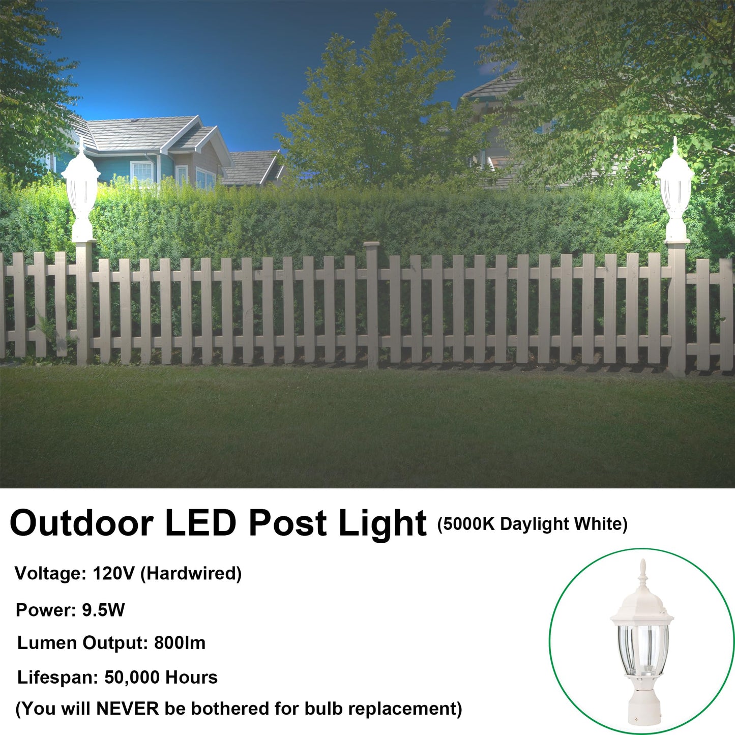 LIT-PaTH LED Outdoor Post Light, 15.6'' Aluminum Waterproof Pole Lantern, 5000K Daylight, 9.5W 800LM, Outside Lamp Post for Yard Driveway Patio, White