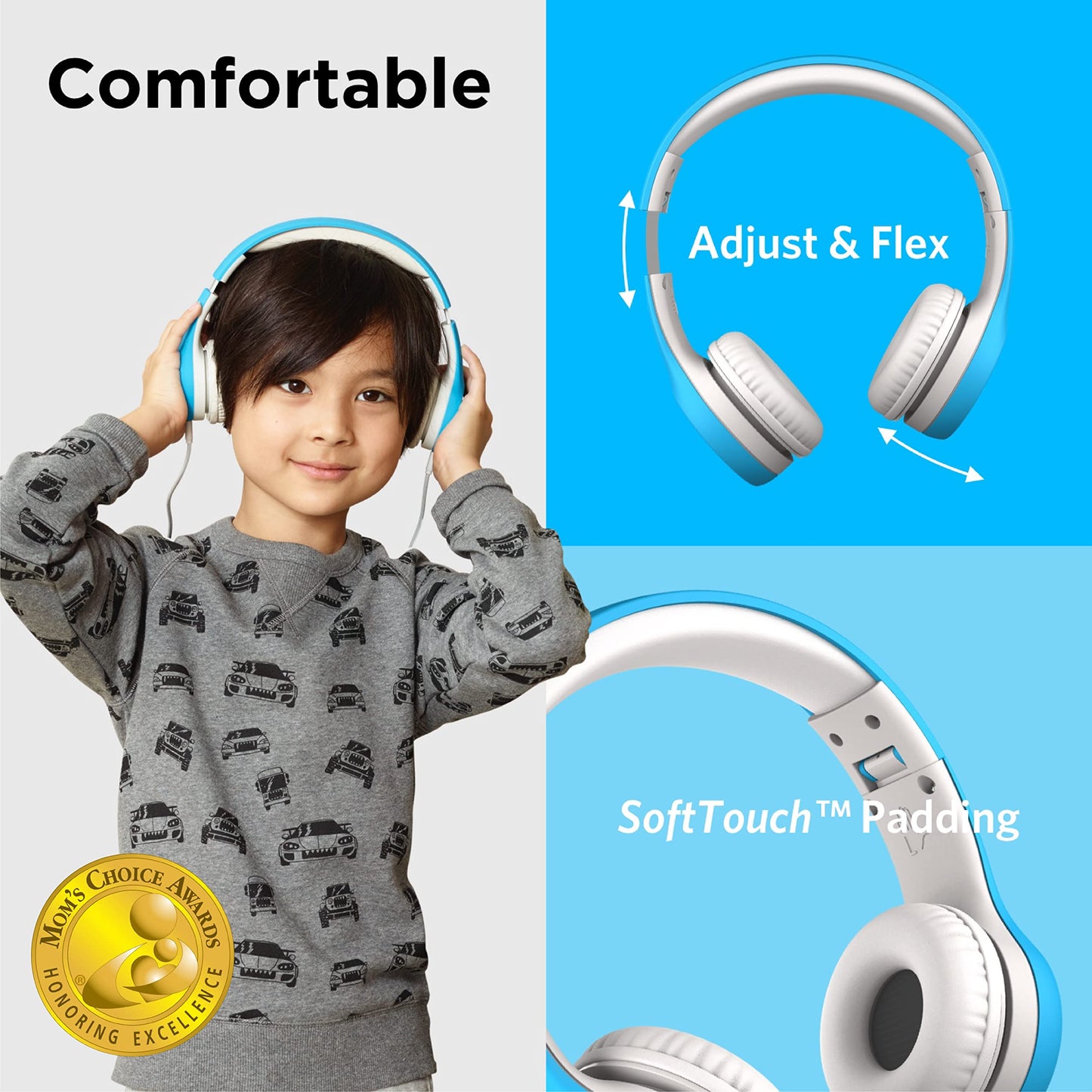LilGadgets Connect+ Foldable Headphones, Adjustable Fit Soft Touch Padding for Kids with Mic, Volume-Limited & Noise Reduction On-Ear Wired Headset