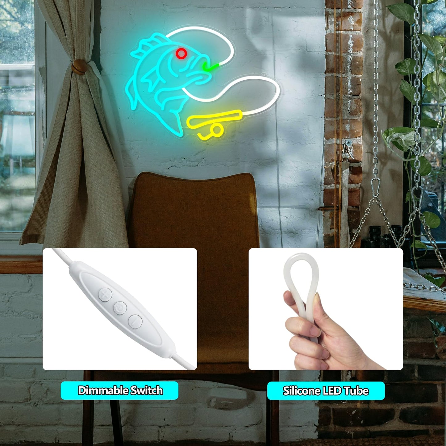 Fishing Neon Sign for Wall Decor, Dimmable Fishing Hook Lights Neon, Fishing Themed LED Neon Light Sign for Fishing Lovers Fishing Gear Store Man Cave