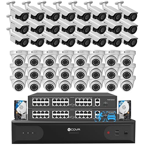 4COVR 4K 64 Channel Security Camera System PoE Human/Vehicle Detection, UtraHD 8MP NVR 16TB HDD, 24 Dome 24 Bullet 8MP Commercial IP Camera IP67 Night